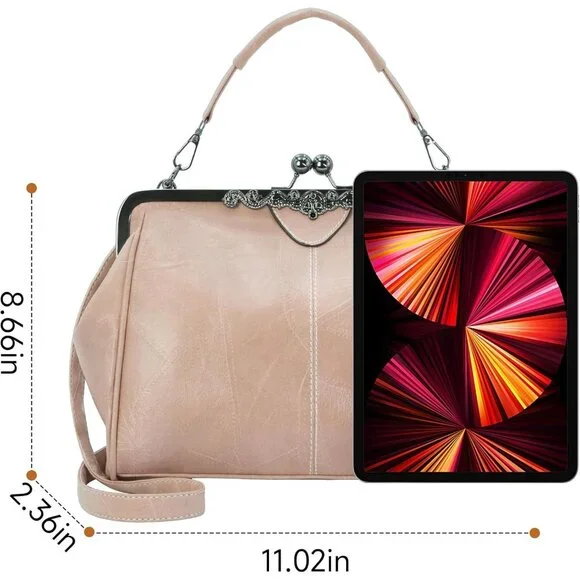 Women's Beige PinkVegan Leather Kiss Lock Satchel Evening Crossbody Clutch